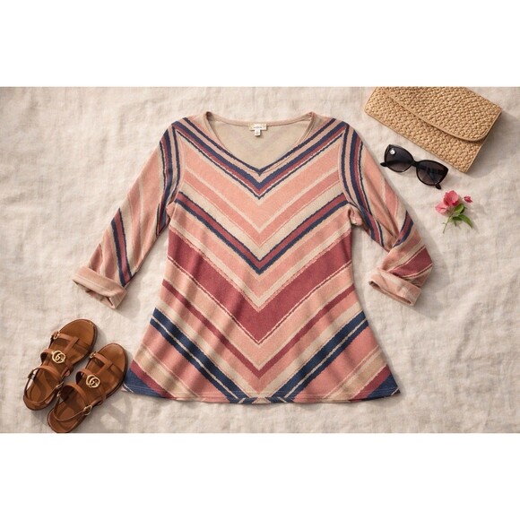 Boho Chevron Stripe Tunic Sweater Stretch Knit V Neck Made USA Nurture XL - Picture 2 of 6